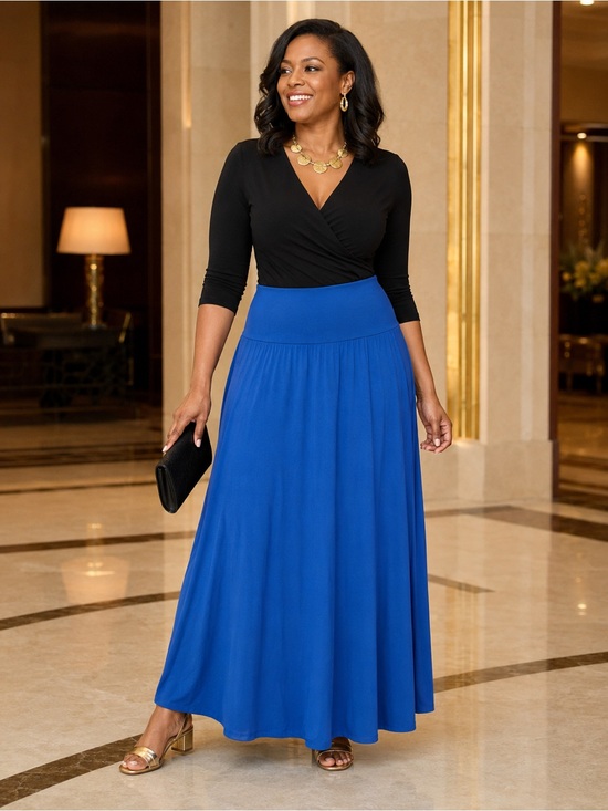 Dresses & Skirts - Royal Blue Fold-Over Waist Flowy A-Line Maxi Skirt